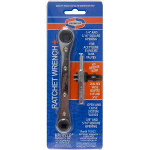 Uniweld 70022 Llave Ratchet, 3/16 y 1/4 pulg apertura Cuadrada, 3/8 y 5/16 pulg apertura Cuadrada, con Adaptador Dual para Valvula exagonal de 3/16 y 5/16